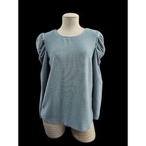 NINE WEST Petite Large Poof Sleeve‎ Ribbed Blouse Shirt Top Women's Steel Gray